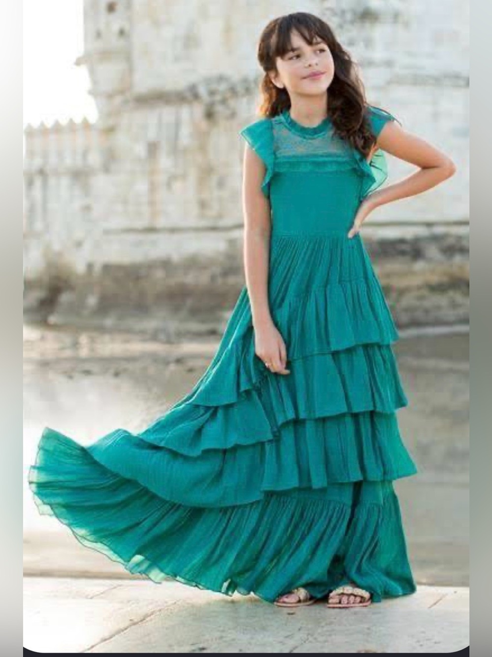 Joyfolie Teal Girl Tiered Ruffle Bohemian Cottagecore Maxi Event Dress Size 7 - Picture 1 of 5